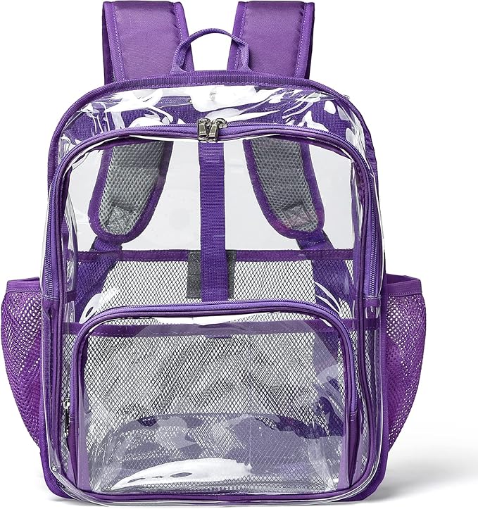 Clear Backpack, 15'' Clear Backpacks for School Heavy Duty See Through Bookbag Multi-pocket PVC Backpack for Men Women, Purple