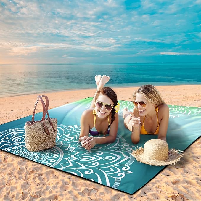 Beach Blanket, Wateresistant Sandproof Sand Free Beach Mat with Corner Pockets Portable Bag for Beach Festival,Picnic,Travel and Outdoor Camping Activties (Mandarin-Green,79"ร83"(4 Person))