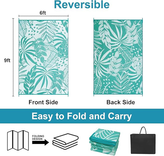 Anidaroel Leaf Outdoor Rugs 6x9ft for Patios Clearance Waterproof, Reversible Tropical Plastic Straw Camping Mat Outside Rug, Large Outdoor Area Rug for RV, Deck, Balcony, Picnic(Blue,6'x9')