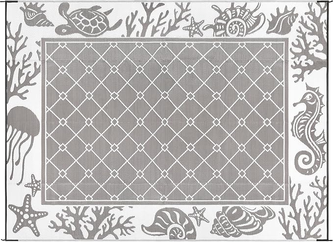 Vaukki Reversible Rugs, Plastic Straw Outdoor Doormat, Fade Resistant Plastic Outdoor Patio Mat, Lightweight Ocean Area Carpet for Patio, RV, Camping, Beach, Deck, Backyard and Picnic (Grey, 9'x12')
