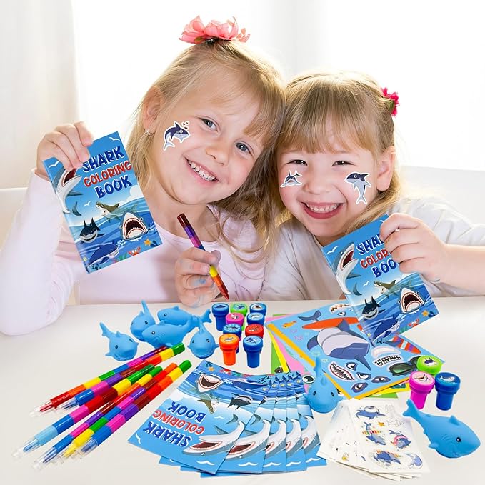 Cinrobiye 72 Pcs Shark Toddler Party Favors,Shark Coloring Book Ocean Animals Party Goodie Bags Fillers,Under the Sea Birthday Party Decorations Craft DIY Kit Face Stickers Tattoo for Shark Pinatas