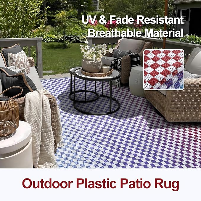 Wonnitar Waterproof Outdoor Rug 6x9 - Blue Purple Gradient Checkered Camping Plastic Straw Rug, Reversible Outside Mat for Patio RV Backyard, Lightweight Portable Deck Carpet