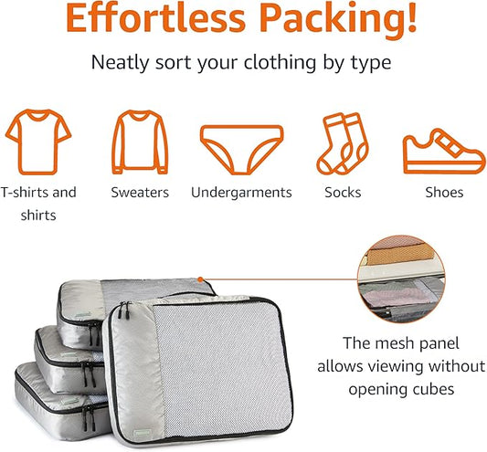Amazon Basics 4 Piece Packing Cubes Travel Organizer Set with Double Zipper, Mesh Top, Large, Gray