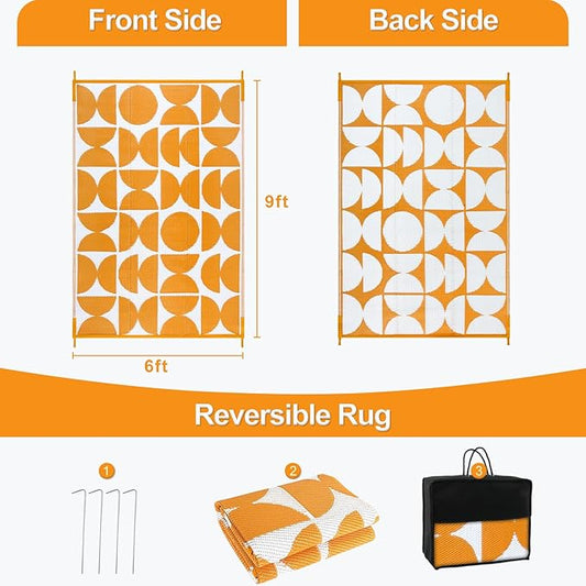 Wonnitar Outdoor Rug 6x9, Waterproof Patios Rug Reversible Plastic Straw Rug, Large Outside Area Rug, Portable RV Mat, Indoor Outdoor Carpet for Picnic Balcony Backyard Porch Deck (Orange,6'x9')
