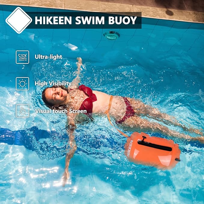 Hikeen Swim Buoy -Waterproof Touchscreen Storage Space, Swim Safety Float w/Adjustable Waist Belt for Open Water Swimmers and Triathletes -Be Bright,Be Safer & Be Seen