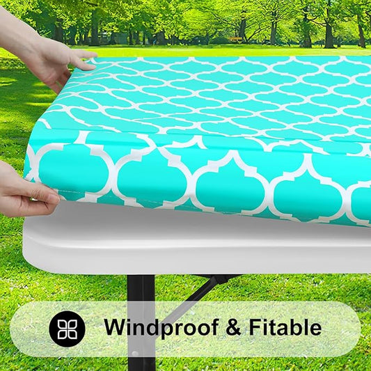 Smiry Rectangle Picnic Table Cover, Waterproof Elastic Fitted Camping Tablecloths for 6 Foot Tables, Wipeable Flannel Backed Vinyl Tablecloth Protector for Indoor, Outdoor (Teal, 30x72 Inches)