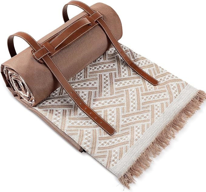 Waterproof Picnic Blankets Outdoor Blanket Foldable 2 in 1 Double Layer Sandproof Beach Mat with Carry Strap for Camping Lawn Park Beach Grass(Khaki,71 x 71 Inches)