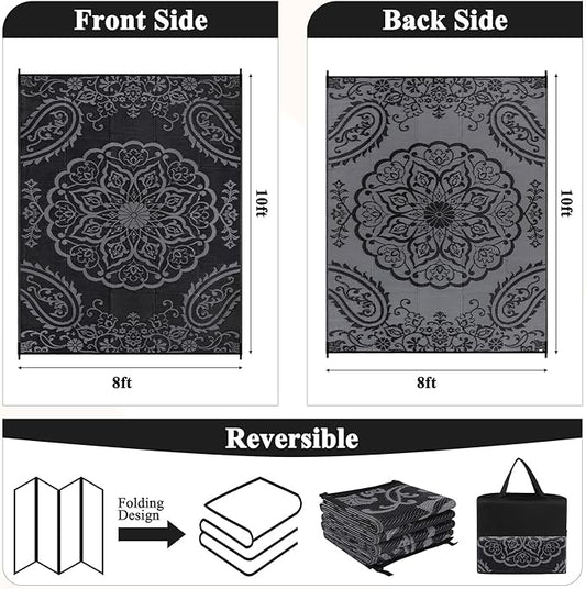 Pauwer Waterproof Outdoor Rug 8x10, Reversible Plastic Straw Patio Camping Rug, Indoor Outdoor RV Mat Carpet for Deck, Camper, Porch, Balcony, Backyard, Picnic, Boho Black Grey