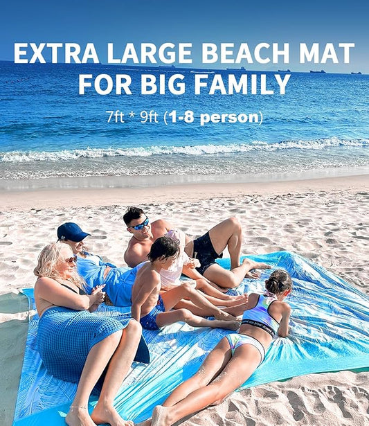 LH Beach Blanket Sandproof, 107"*90" Extra Large Waterproof Beach Mat for 2-8 Adults, Picnic Blankets for Camping, Beach Essentials Big & Compact Quick Drying, Lightweight & Durable with 4 Stakes