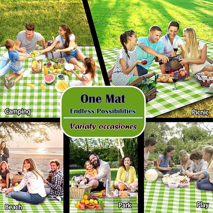 Picnic Outdoor Blankets, Extra Large 79x79in Beach Blanket, Thick 3-Layers Camping Waterproof Mat for Camp Hiking Park, Portable Foldable Rug for Family-Green, Sandproof & Machine Washable