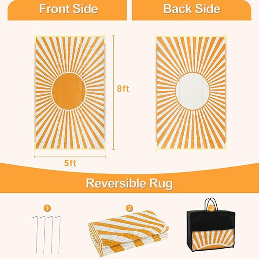 Wonnitar 5x8 Waterproof Outdoor Rug - Reversible Plastic Straw Camping Rug, Portable Outside Patio Carpet for Deck, Indoor Outdoor Mat for Backyard RV Camper Garden Picnic (Orange, 5'x8')