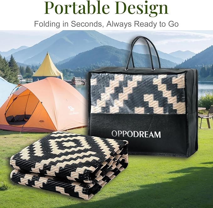 OPPODREAM Outdoor Rug 8x10 Patio Waterproof, Large Outdoor Plastic Straw Rug, Reversible Out Door Carpet Camping Essentials, Deck, Rv, 8 x 10 Area Carpet for Balcony, Porch, Backyard, Black & Beige