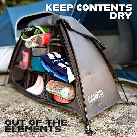 Tent & RV Camping Organizer with Zippered Flap, 9-Shelf Storage. RV Shoe Organizer, Dining Tent Organizer. Organize Any Other Camp Gear/Accessories (Patented - Licensed)