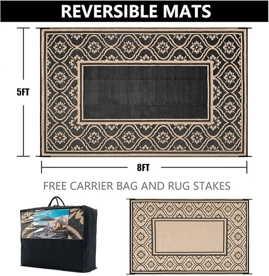 Patio Rug 5'x8' Waterproof Outside Area Rugs Reversible Brown Outdoor Plastic Straw Carpet for RV Deck Camping Entryance Porch Picnic Balcony Beach