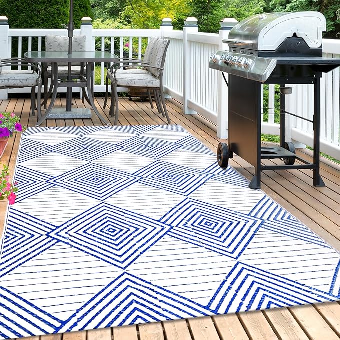 Waterproof Outdoor Rug 5x8ft, Foldable Reversible Plastic Straw Mat for Patio RV Deck Porch Backyard Balcony Camping Picnic Beach Indoor Outdoor Carpet, Blue&White