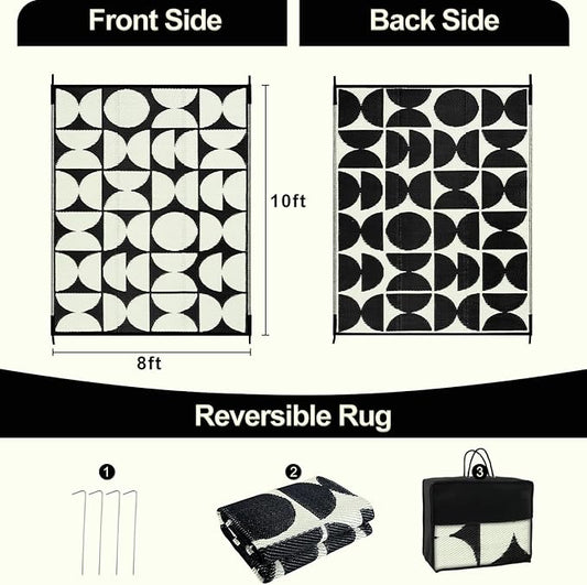 Wonnitar 8x10 Outdoor Rug, Large Waterproof Reversible Outdoor Patio Area Rug, Indoor/Outdoor Plastic Straw Portable Camping Rug for Outside RV Balcony Garden Deck (Black & White,8'x10')