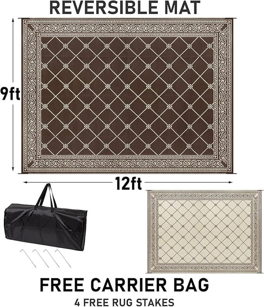 HiiARug Outdoor Rugs 9x12 for Patios Clearance Brown Camping Rug for RV Outside, Reversible Waterproof Plastic Straw Rug Large Outdoor Rug for Porch Beach Picnic Camper