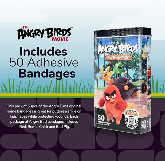 BioSwiss Bandages, Angry Birds Movie Shaped Self Adhesive Bandage, Latex Free Sterile Wound Care, Fun First Aid Kit Supplies for Kids and Adults, 50 Count