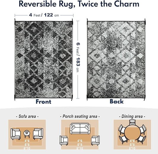 Waterproof Outdoor Rug 4x6 ft, Reversible Plastic Straw Rug, Easy to Clean Patio Rug, Portable Carpet for Patio, RV, Deck, Balcony, Backyard, Picnic, Beach, Mosaic, Gray