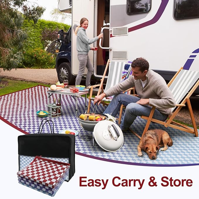 Wonnitar Waterproof Outdoor Rug 6x9 - Blue Purple Gradient Checkered Camping Plastic Straw Rug, Reversible Outside Mat for Patio RV Backyard, Lightweight Portable Deck Carpet