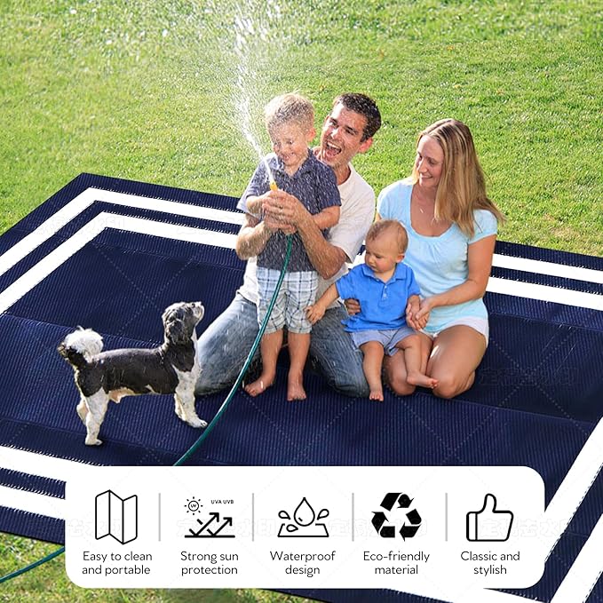 9'x 12' Outdoor Rug,Waterproof Reversible Patio Rugs,9x12 ft Plastic Straw Outdoor Carpet Foldable Plastic Camping Mat for Outside RV, Patio,Picnic,Camper,Balcony,Porch(Navy Blue &White)