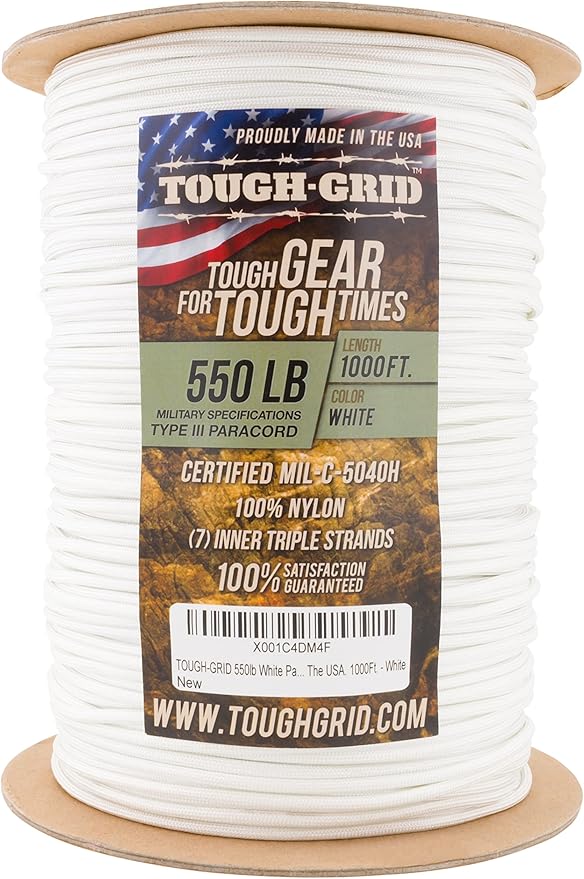 TOUGH-GRID Premium 550lb Paracord Rope - 1000 Ft. - White - 100% Nylon Type IV Mil-Spec - UV & Abrasion Resistant - Heavy Duty Strands - Outdoor Survival Rope - Used by US Military - Made in USA