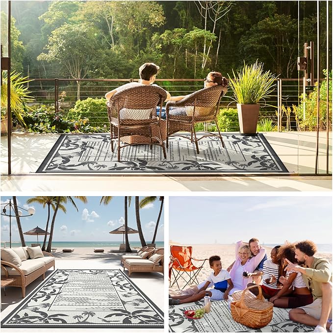 COCOER Outdoor-Rug 5x8 ft Waterproof Reversible Outdoor Plastic Straw Rug RV Indoor Outdoor Carpet Quick Dry Patio Rug Camping Mat for Balcony Backyard Picnic Beach-Grey&Beige