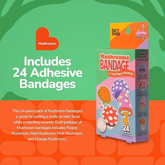 BioSwiss Bandages, Mushroom Shaped Self Adhesive Bandage, Latex Free Sterile Wound Care, Fun First Aid Kit Supplies for Kids and Adults, 24 Count