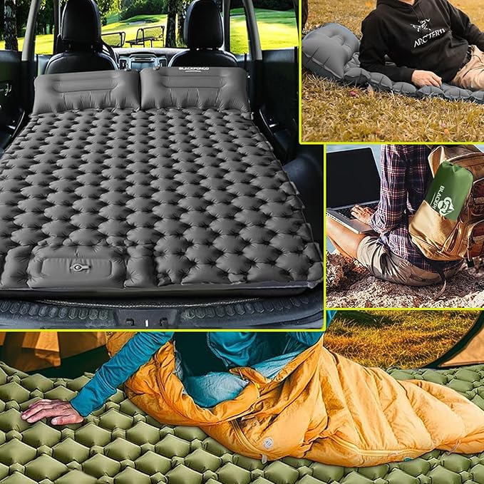 Camping Sleeping Pad, Ultralight Camping Mat with Pillow Built-in Foot Pump Inflatable Sleeping Pads Compact for Camping Backpacking Hiking Traveling Tent (Green, Double)