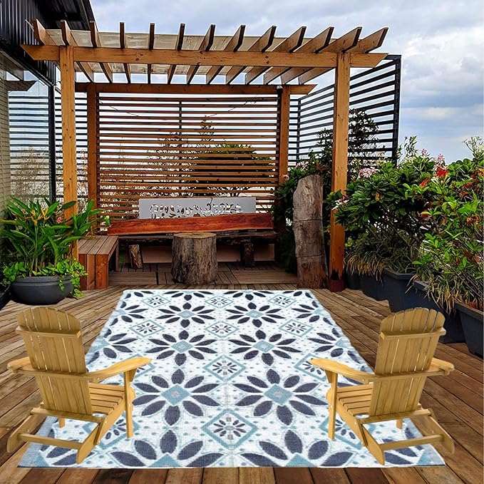BalajeesUSA Outdoor Rug – 6x9, Sky Blue, Grey, Reversible Recycled Plastic Straw Rug Waterproof Outdoor Patio Rugs Clearance Large RV Camper Mats 331