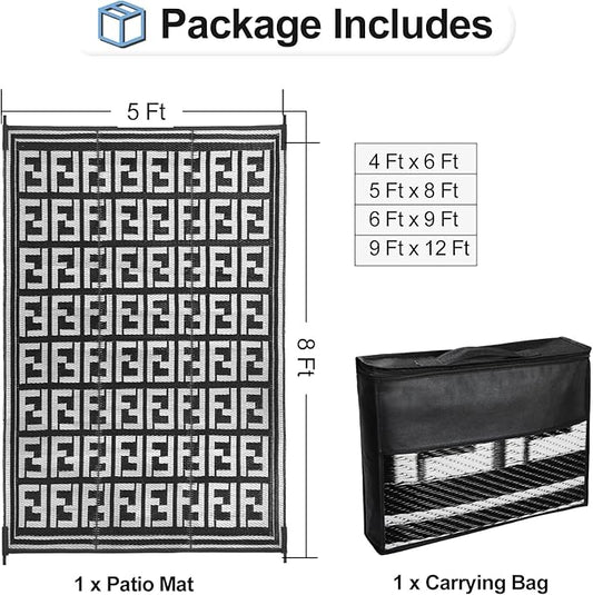 OutdoorLines Outdoor Plastic Area Rugs for Patio 5x8 ft - Reversible Outside Carpet, Stain & UV Resistant RV Mats, Straw Rug for Camping, Deck Garden, Porch and Balcony, Geometry Black & Light Grey