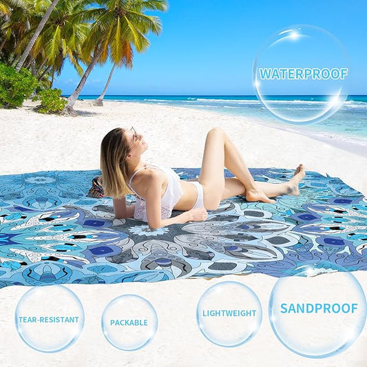 BYDOLL Beach Blanket Waterproof Sandproof 78''×110'' Suits1-7 Adults Compact Lightweight Oversized Sand-Free Blanket Large Picnic Mat for Beach Travel Camping Hiking