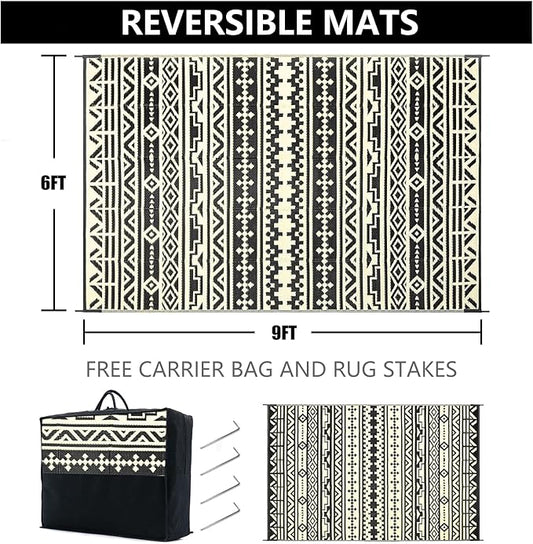 Outdoor Plastic Straw Rug, Waterproof Outdoor Rugs for Patios Clearance, Reversible Area Rug, Large Outside Carpet for Camping, Balcony, RV, Deck, Picnic, Beach 6x9ft Geometric Boho Black&Brown