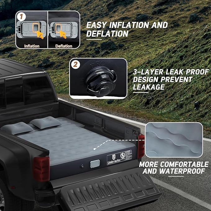 Built-in Pump Truck Air Mattress for 5.5-5.8ft Short Bed, Inflatable Full Size Pickup Airbed with Detachable Pump for Outdoor Travel Camping, Includes Pillows & Storage Bag