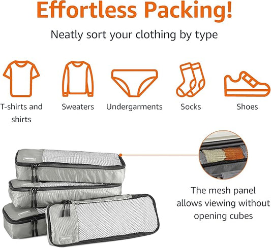 Amazon Basics Slim Packing Cubes for Travel, Packing Organizers, 4-Piece-Set With Double Zipper Pulls and Mesh Top Panel, 100% Durable Polyester, Gray, 14"L x 5"W x 3"H