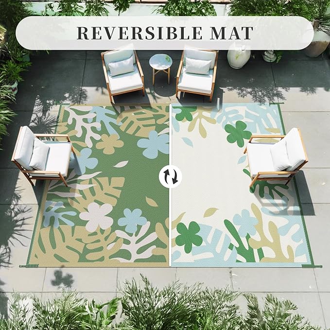 MontVoo Outdoor Rug Waterproof 5x8 ft RV Outdoor Rug for Camping Picnic Mat Outdoor Patio Rug Carpet Plastic Straw Reversible Floral Green Yellow
