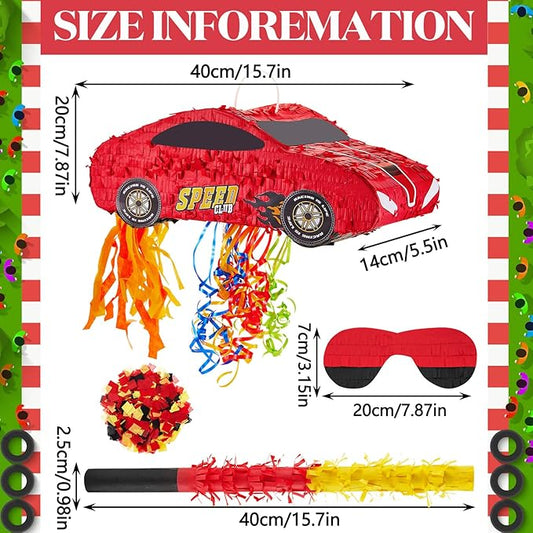 4 Pcs 15.7 Inch Race Car Piñata with Pull Strings, 3D Car Piñata with Blindfold Bat Confetti Double Sided, Race Cars Photo Booth Props for Boy Race Car Theme Birthday Baby Shower Party Supplies