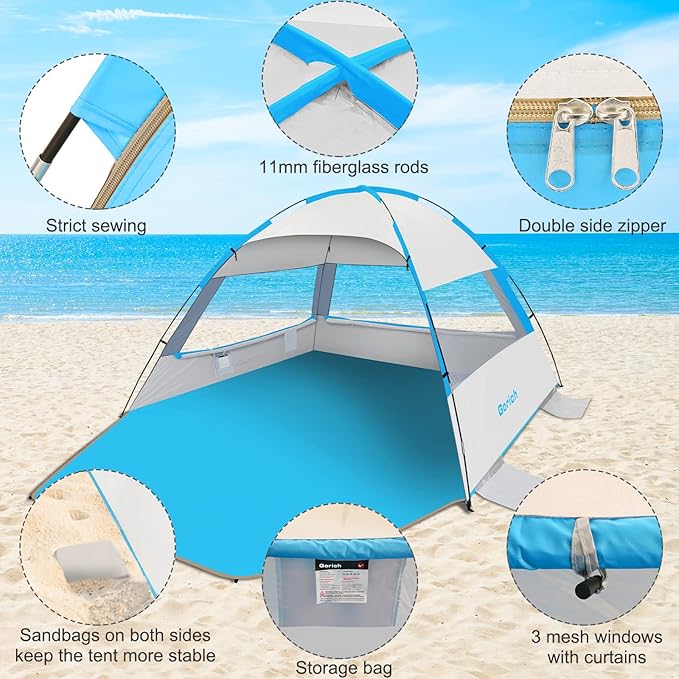 Gorich Beach Tent Sun Shelter for 3/4-5/6-7/8-10 Person with UPF 50+ UV Protection, Lightweight & Easy Setup Beach Shade Canopy, Portable Beach Shade Tent Beach Cabana