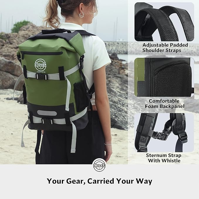 STOVER 5/10/25/30/40/55L Waterproof Dry Backpack- Large Floating Dry Bag for Kayaking, Travel, Tubing, Hiking, Fishing, Camping, Motorcycles & the Beach, Heavy-Duty Roll Top Men/Women (Green)