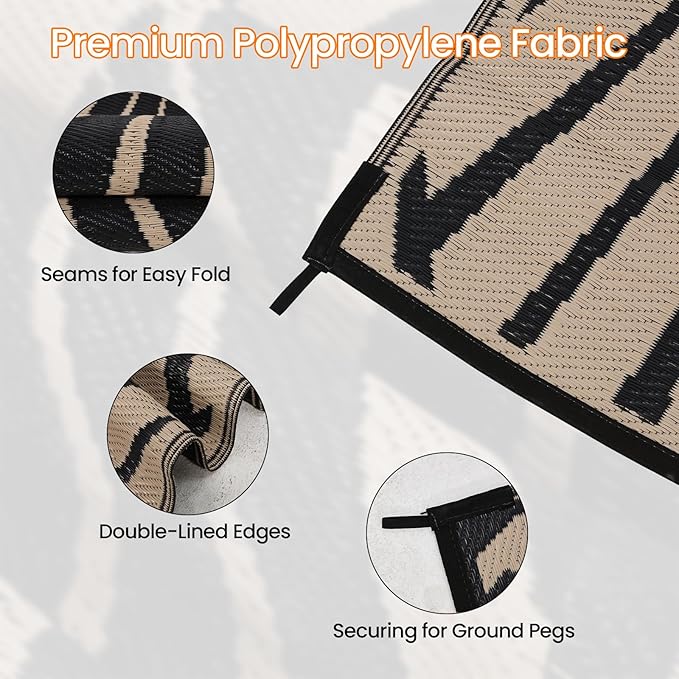Outdoor Rug for Patio, 9x12 Ft Reversible Outdoor Plastic Straw Rug Waterproof Foldable Camping Mat with Uv Protection, Quick-Dry Straw Patio Carpet for Deck Rv Porch Backyard - Black & Brown