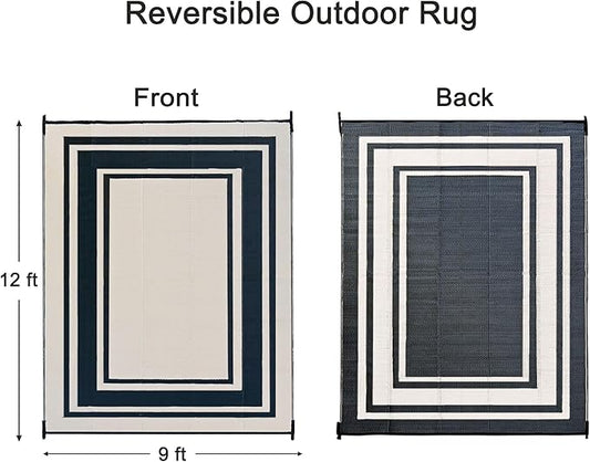RURALITY Outdoor Rug 9x12 Waterproof for Patio Clearance,Large Plastic Straw Mat for Camping,Porch,RV,Reversible,Black and Beige