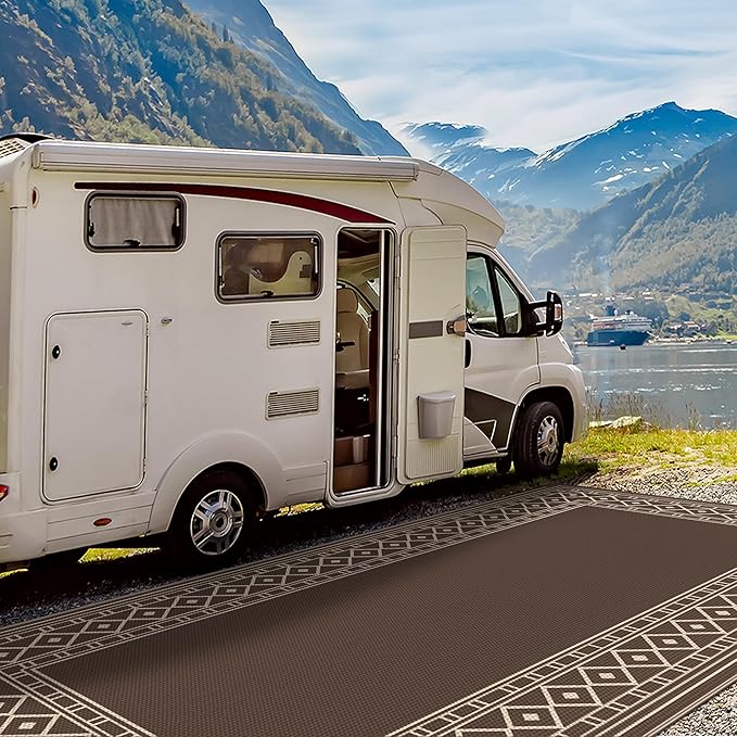 GENIMO Outdoor Rug Waterproof for Patio Decor, 10'x20' Foldable Reversible Plastic Straw Carpet, Outside Area Mat for Rv, Deck, Picnic, Porch, Camper, Balcony, Beach, Coffee & Brown