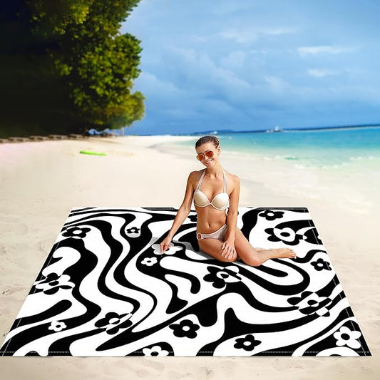 Black Beach Blanket Waterproof Sandproof, 78”x 86” Large Beach Mat for 4-6 Adults, Polyester Lightweight Compact Sandfree Outdoor Picnic Blankets with 4 Stakes & Pockets for Travel, Camping, Hiking