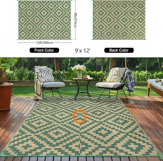 Outdoor Patio Plastic Straw Rug - 9'x12' Outdoor Camping Rug Waterproof Reversible, Area Carpet Patios Clearance RV, Outside Porch Balcony Deck for Camper, Green & Yellow