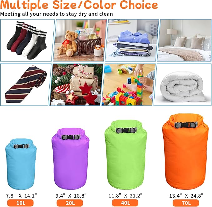 Desoto Waterproof Dry Bag 2 packs, 2L/5L/10L/20L/40L/70L Dry Sack Lightweight Portable, Dry Storage Bag to Keep Gear Dry Clean for Kayaking, Gym, Hiking, Swimming, Camping (Purple, 70L)