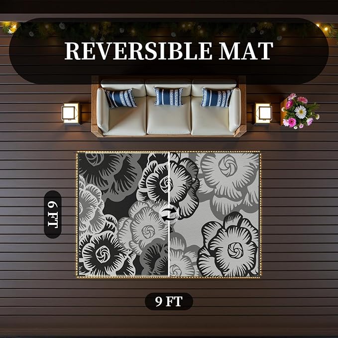 MontVoo Outdoor Rug with Led String Strip Lights 6x9ft Waterproof Outdoor Patio Rug Mat Reversible Plastic Straw Rug Outside Outdoor Rug for RV Camping Picnic Balcony Backyard Fairy Outdoor Decor