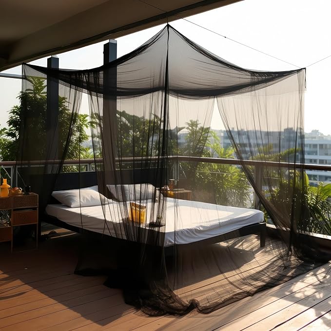 Black Mosquito Net for Single to King-Sized Beds – 4 Side Openings & 6 Hanging Loops – Decorative Rectangular Shape for Home & Travel – Bed Canopy Hanging Kit & Carrying Bag Included