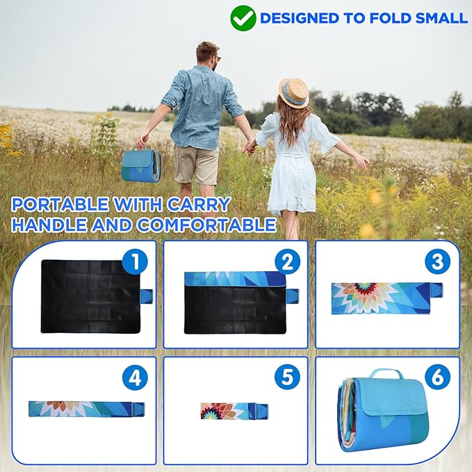 scuddles Picnic Blankets Dual Layers Picnic Blanket Outdoor Water-Resistant Handy Mat Tote Spring Summer Camping Blanket Great for The Beach