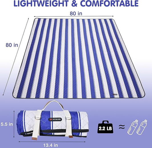 HX&OD Outdoor Picnic Blanket Extra Large, 80”x80” Waterproof Picnic Mat Foldable Camping Blanket Portable with Carry Strap for Beach Mat (Bright Blue&White)