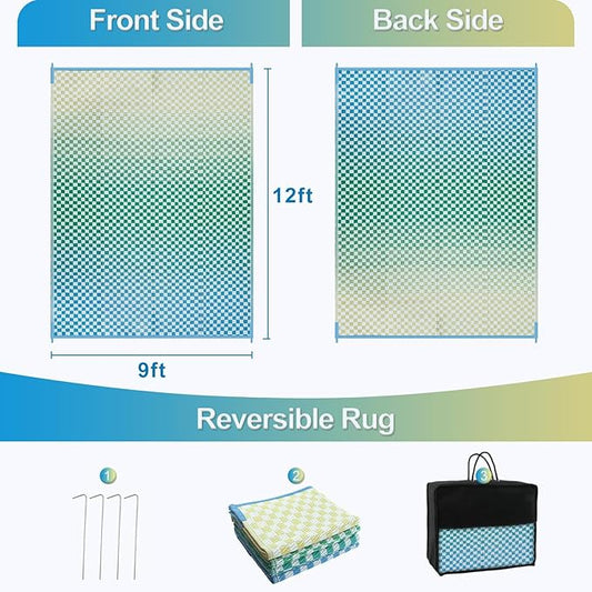 Wonnitar Waterproof 9x12 Outdoor Rug - Blue Yellow Gradient Geometric Patio Rug, Extra Large Plastic Straw Carpet for Balcony Beach Garden Deck, Reversible Outdoor RV Camping Mat